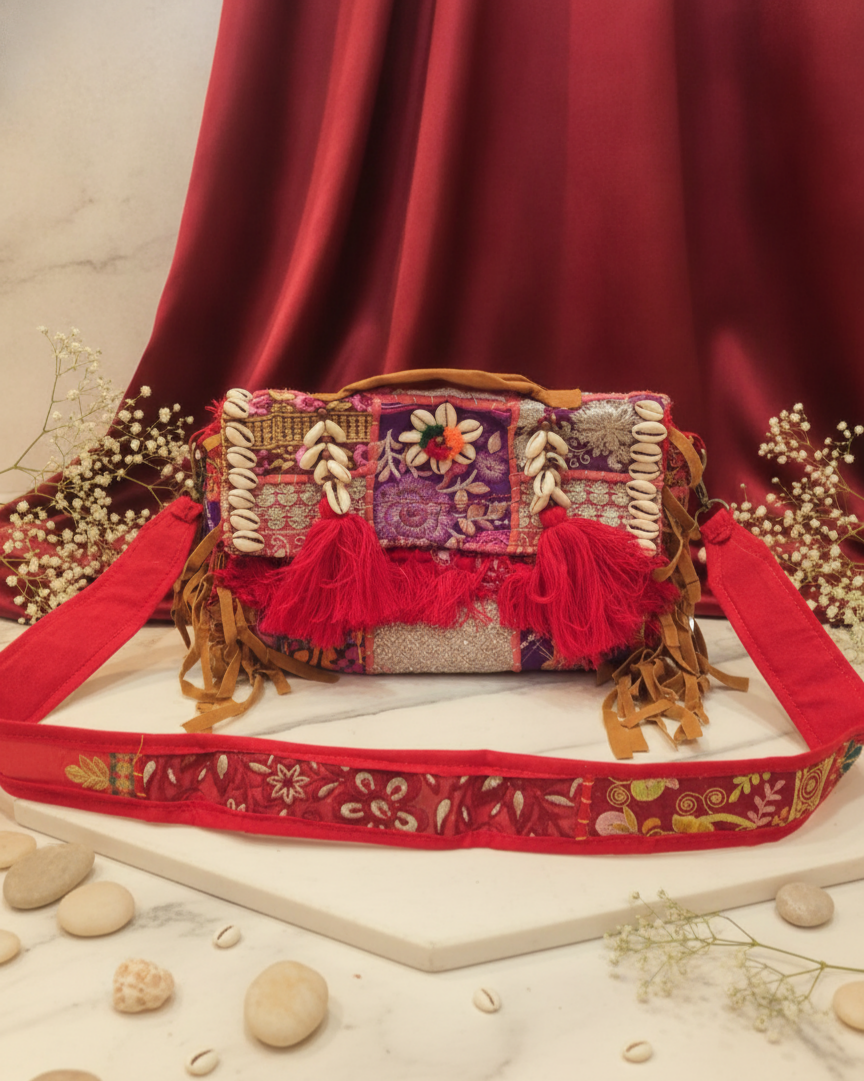 Artisan Embroidered Cowrie Shell & Tassel Bohemian Sling Bag