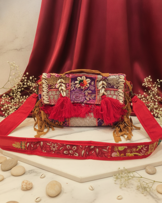 Artisan Embroidered Cowrie Shell & Tassel Bohemian Sling Bag