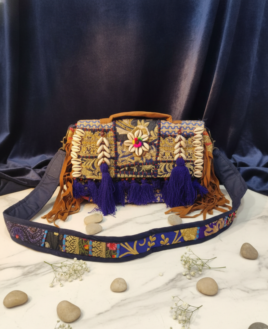 Royal Blue Embroidered Bohemian Sling Bag with Cowrie Shells & Tassels