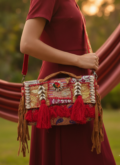 Crimson Boho Sling Bag with Cowrie Shells