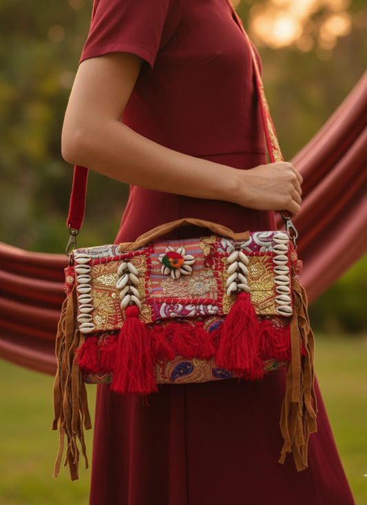 Crimson Boho Sling Bag with Cowrie Shells
