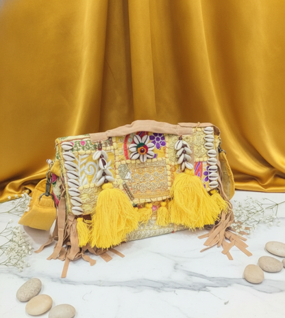 Sunny Yellow Embroidered  Cowrie Shells & Tassels