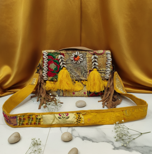 Golden Sunset Embroidered with Cowrie Shells & Tassels