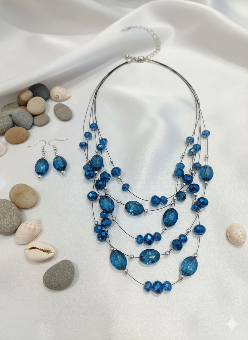 "Oceanic Serenity" Multi-Strand Beaded Necklace & Earring Set