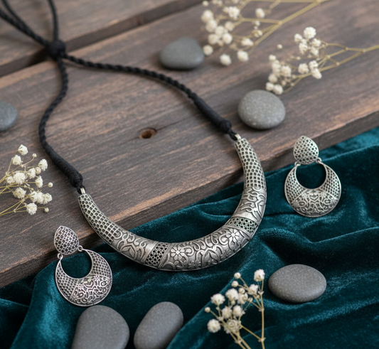 German Silver Floral Engraved Choker Set with Hoop Earrings