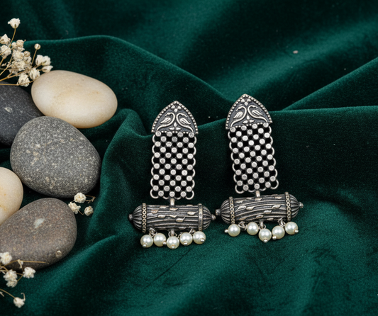 German Silver Long Dangler Earrings with Pearl Beads