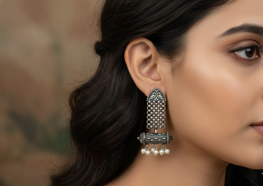 German Silver Long Dangler Earrings with Pearl Beads