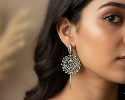 German Silver Mandala-Inspired Filigree Drop Earrings