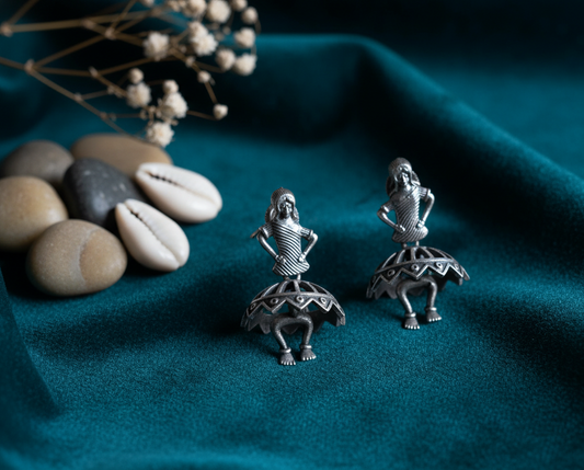 German Silver Folk Dance Earrings with Skirt Cutwork