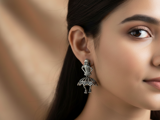 German Silver Folk Dance Earrings with Skirt Cutwork