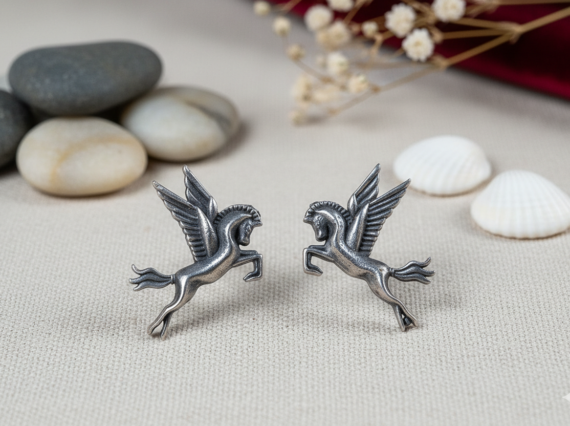 German Silver Pegasus-Inspired Winged Horse Earrings