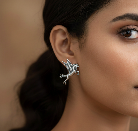 German Silver Pegasus-Inspired Winged Horse Earrings