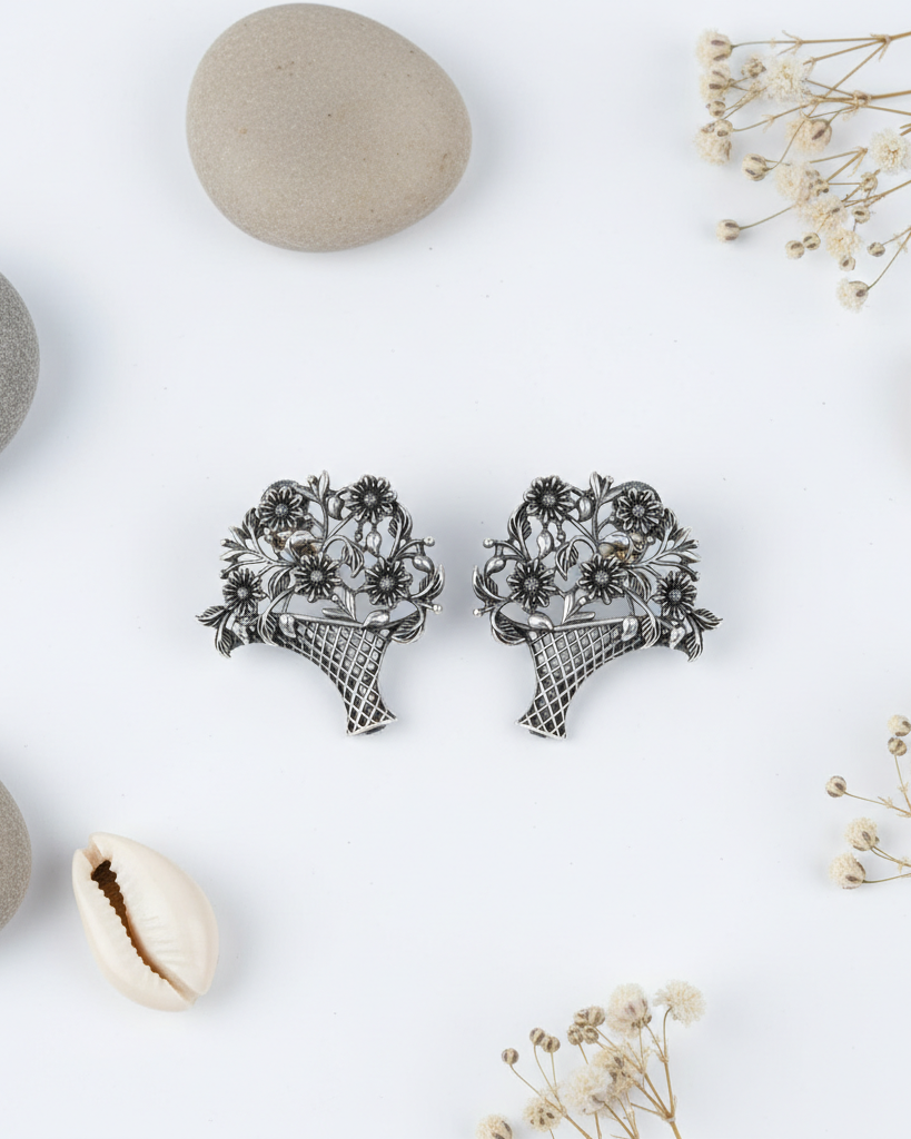 German Silver Bouquet Earrings with Intricate Basket Work
