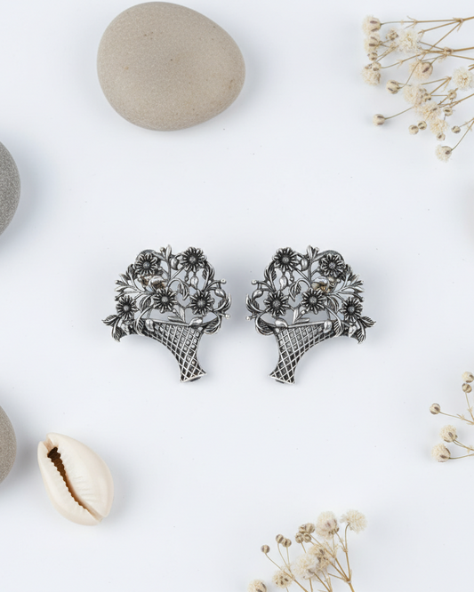 German Silver Bouquet Earrings with Intricate Basket Work