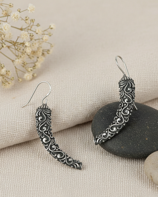 German Silver Mirchi Earring with Intricate Floral Engraving