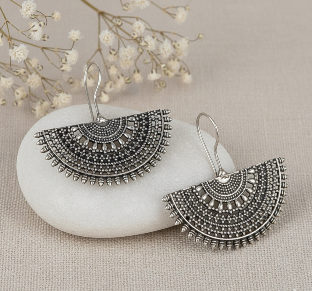 German Silver Fan-Shaped Earring with Heritage Motifs