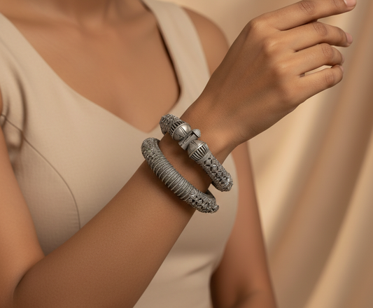 German Silver Kada with Geometric Jaali & Ribbed Dome Accents