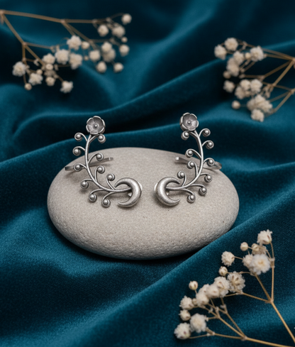 German Silver Floral Vine and Crescent Moon Ear Cuffs