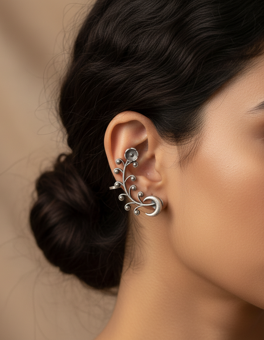 German Silver Floral Vine and Crescent Moon Ear Cuffs