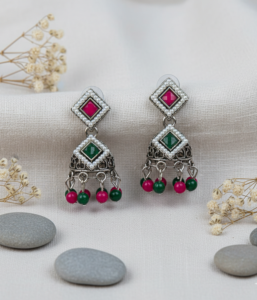 German Silver Earrings with Ruby-Red and Emerald-Green Stones