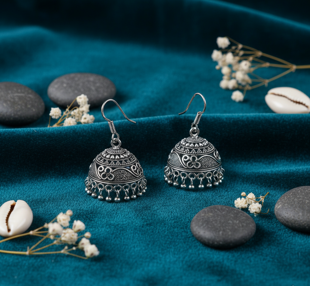 German Silver Earring Jhumka with Dangling Beads