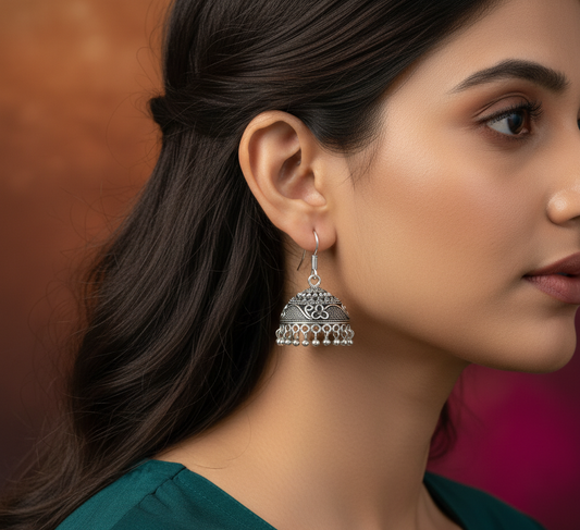 German Silver Earring Jhumka with Dangling Beads