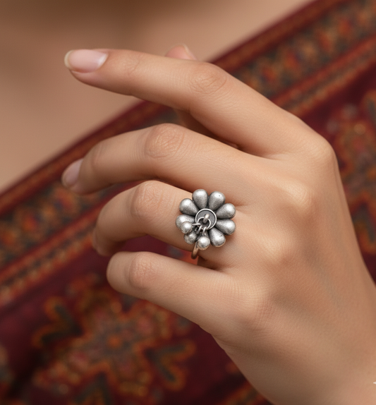 German Silver Floral Dome Adjustable Ring with Dangling Beads