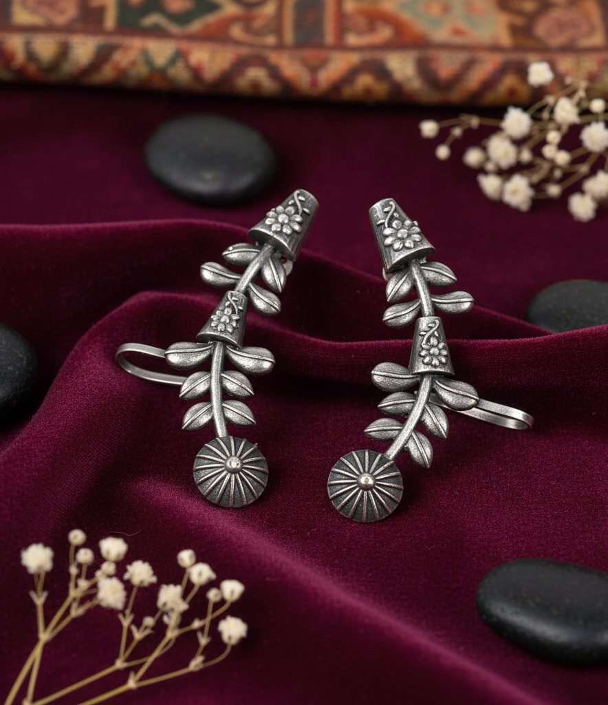 German Silver Floral Vine Earring with Sunburst Disc