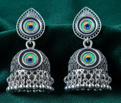 Oxidised Peacock Feather Motif Earrings with Dangling Jhumka
