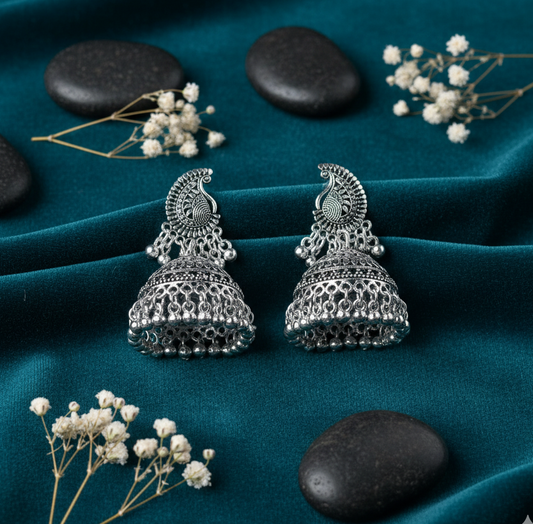 Oxidised Peacock Motif Earrings with Dangling Jhumka