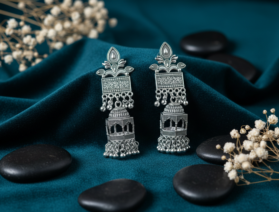 Oxidised Earrings with Jharokha-Style Dangling Jhumka
