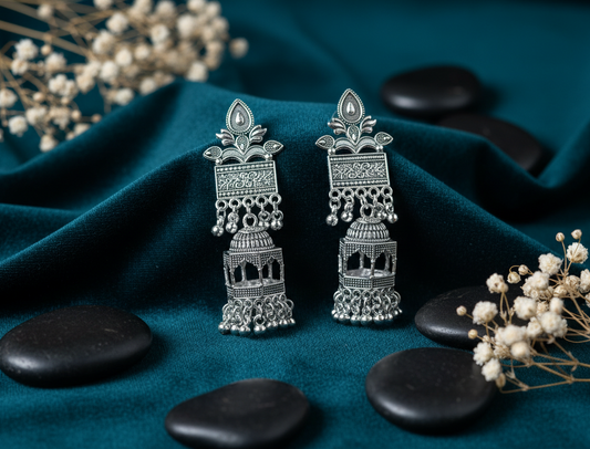 Oxidised Earrings with Jharokha-Style Dangling Jhumka