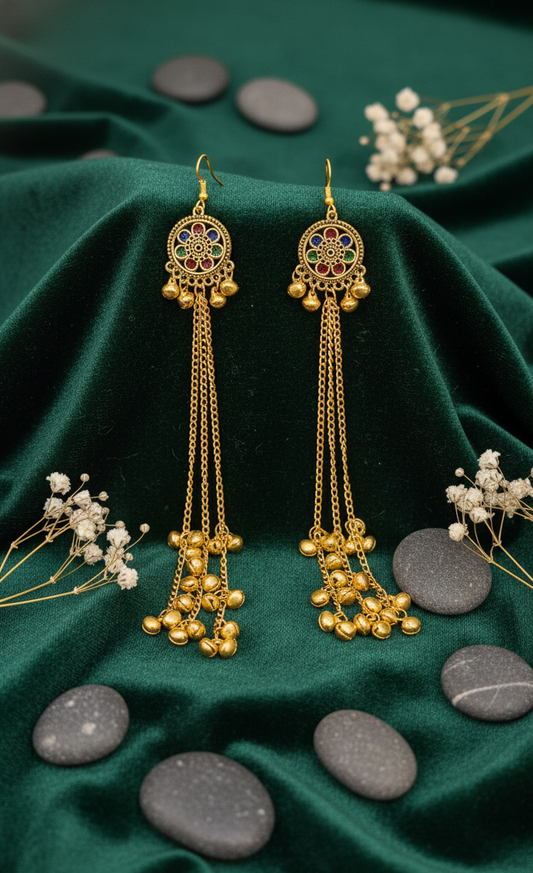 Gold-Plated Kashmiri Earrings with Bell Chains