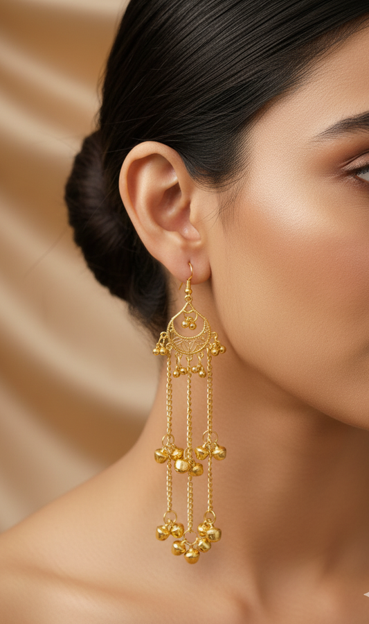 Filigree Crescent Kashmiri Earrings with Multiple Bell Chains