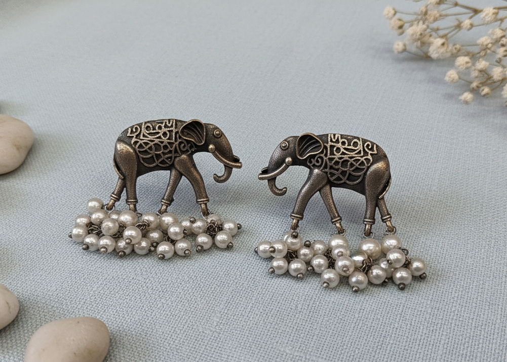 German Silver Elephant Stud Earrings with Pearl Clusters