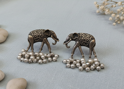 German Silver Elephant Stud Earrings with Pearl Clusters