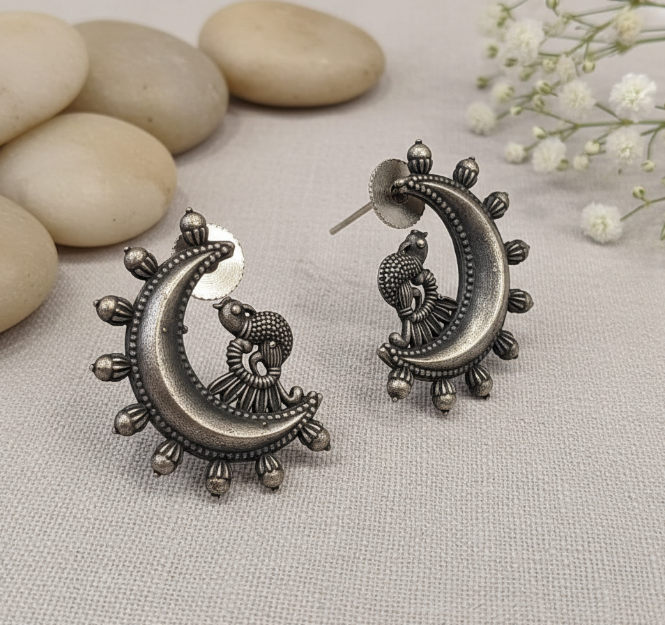 Silver Crescent Moon & Peacock Stud Earrings
