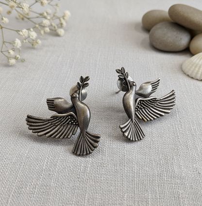 German Silver Dove with Olive Branch Stud Earrings
