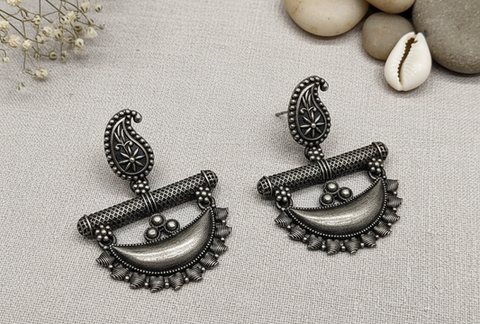Silver Traditional Drop Earrings with Paisley and Half-Moon Design