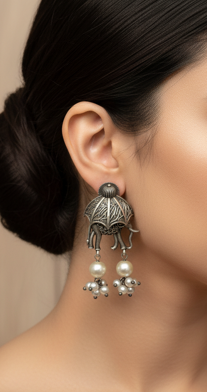 German Silver Elephant and Pearl Cluster Drop Earrings