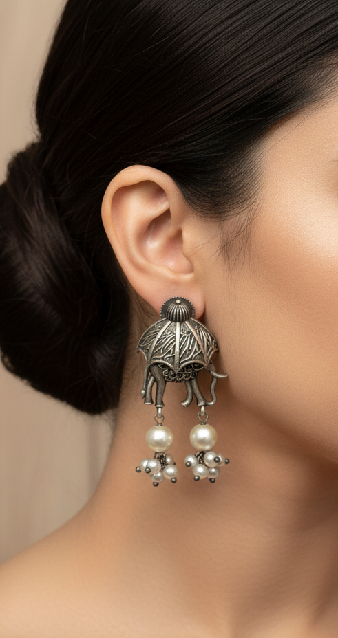 German Silver Elephant and Pearl Cluster Drop Earrings