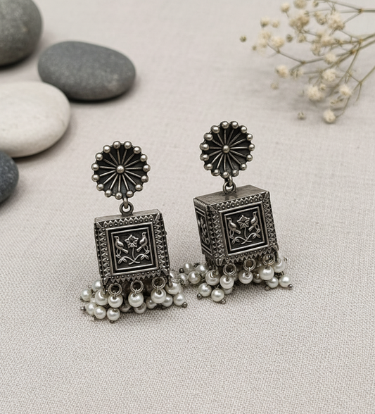Silver Square Jhumka Earrings with Pearl Dangles