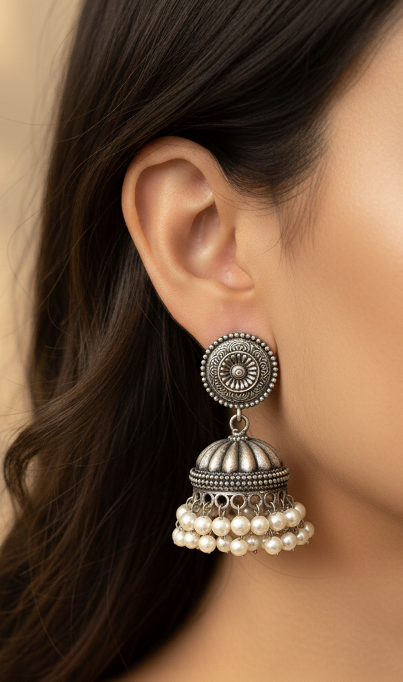 German Silver Heritage Pearl Jhumka Earrings