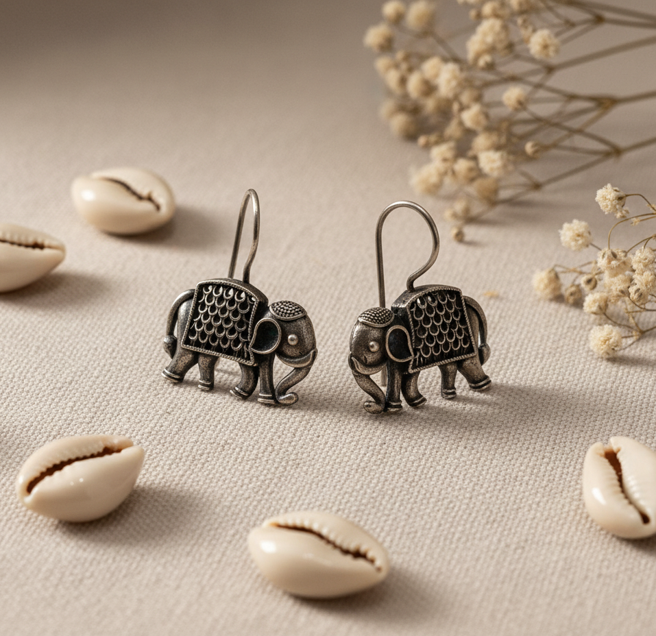 German Silver Royal Elephant Hook Earrings