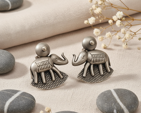 German SIlver Textured Elephant Stud Earrings