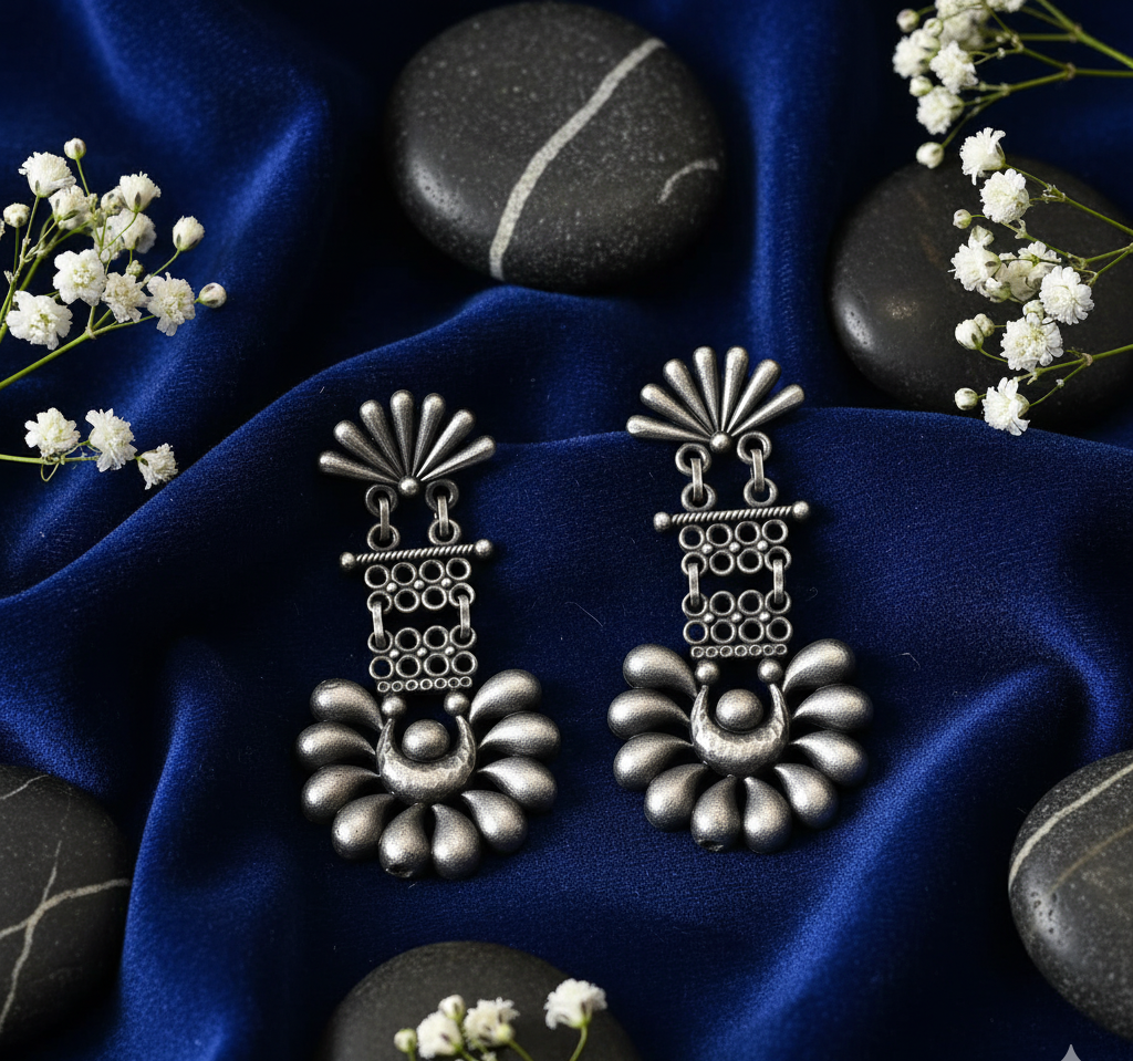 Ornate German Silver Fan & Bloom Drop Earrings
