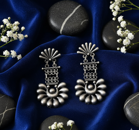 Ornate German Silver Fan & Bloom Drop Earrings