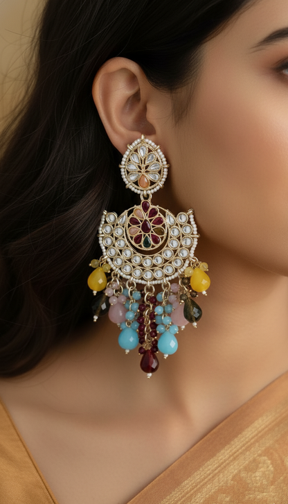 Elegant Multicolored Kundan Stone Chandbali Earrings