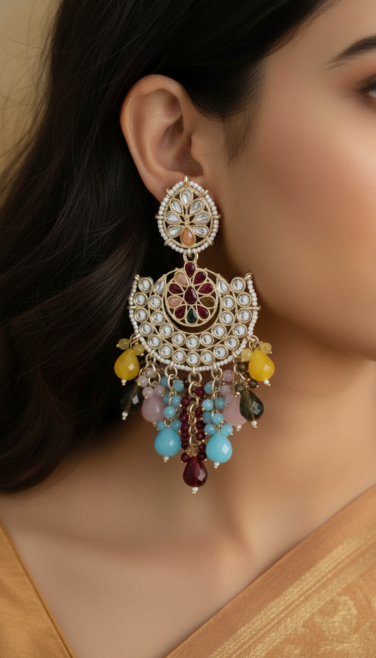 Elegant Multicolored Kundan Stone Chandbali Earrings