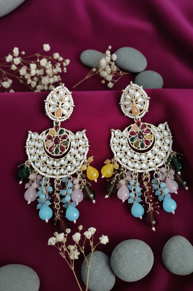 Elegant Multicolored Kundan Stone Chandbali Earrings